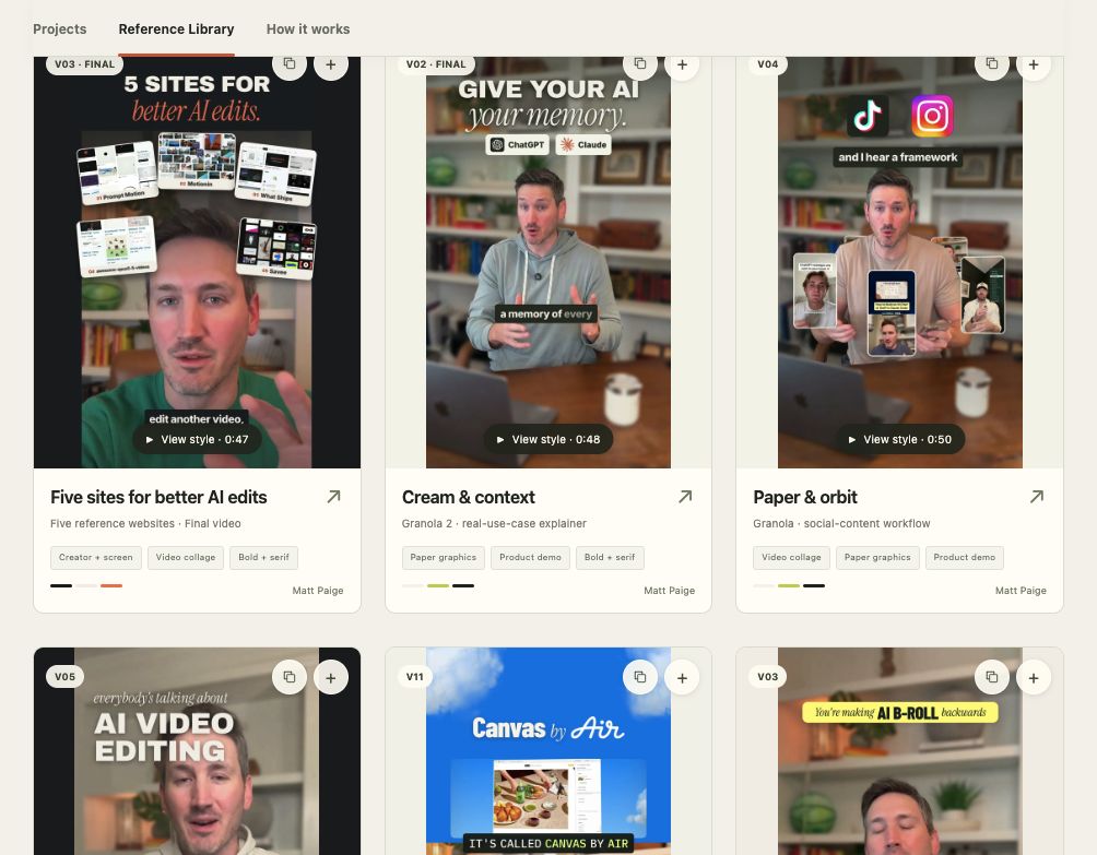 Actual saved videos in Matt’s Reference Library, ready to bring into a new edit
